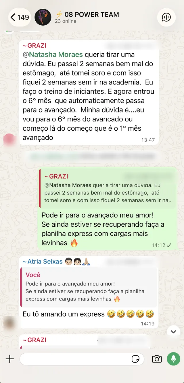 Grupo VIP no WhatsApp com a Natasha respondendo dúvida de aluna