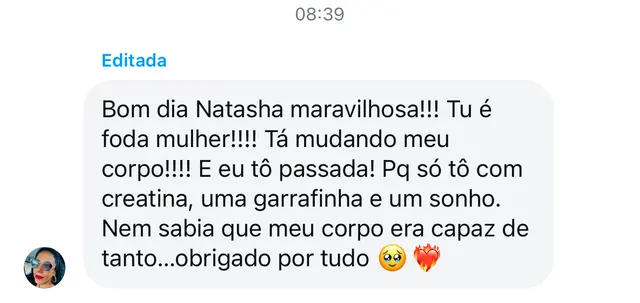 Mensagem de aluna: só tô com creatina, uma garrafinha e um sonho